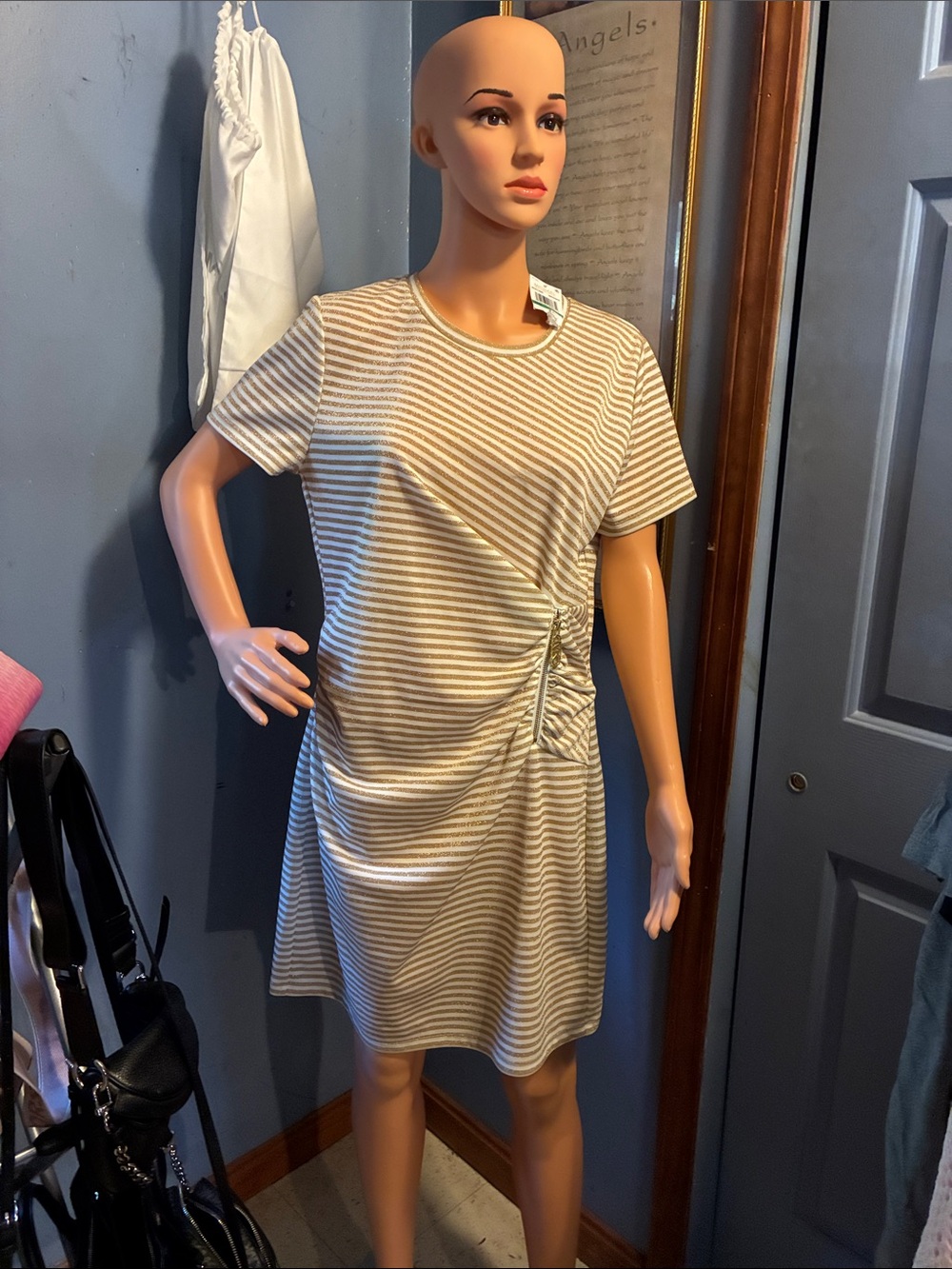 Michael Kors Cream and White Striped Knot-Side Mini Dress